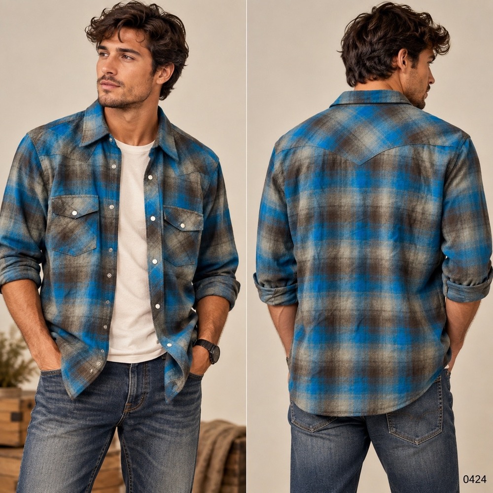 Vintage Route 66 Mens Blue Brown Plaid Western Pearl Snap Flannel Shirt L 0424